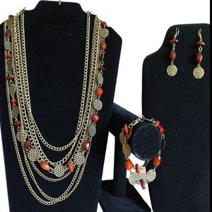 Handcrafted 3 Piece Costume Jewelry Set 7 Layer Necklace Bracelet Hook Earrings